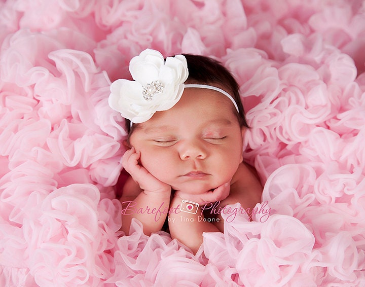 Baby Headband..Baby Girl Headband..Baby Girl Christening or Baptism Headband..Diamond White Flower Headband with Pearls and Rhinestones