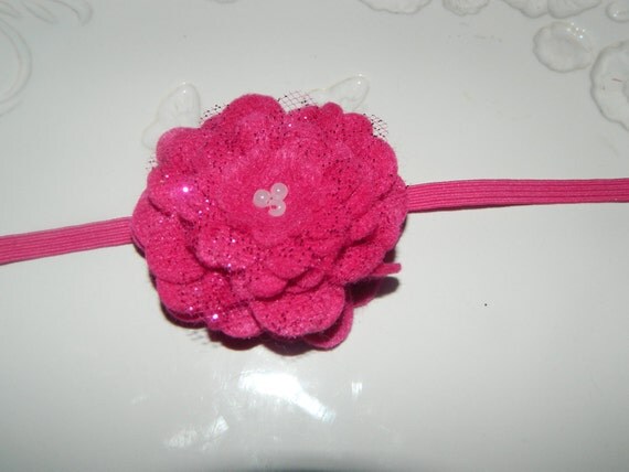 Gorgeous Shimmery Hot Pink Felt Peony Flower on Skinny Headband