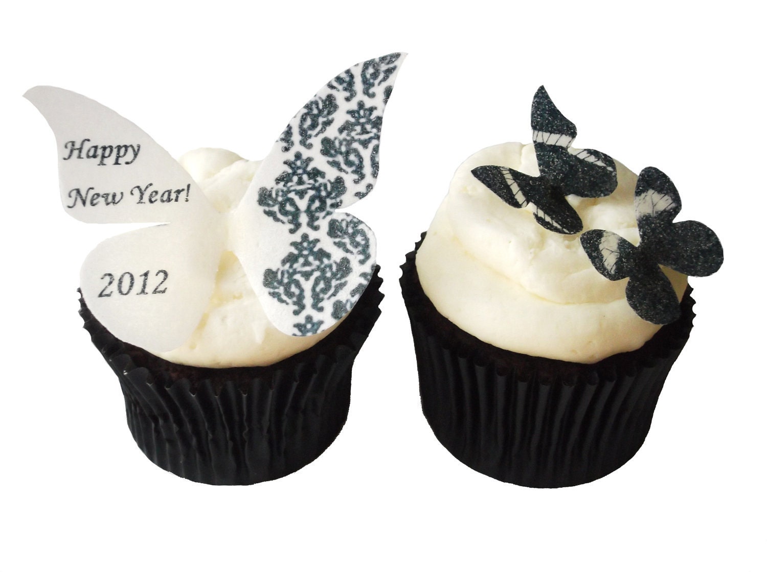 36 Edible Butterflies Damask Cupcakes NEW YEARS EVE 2012 Black and White 