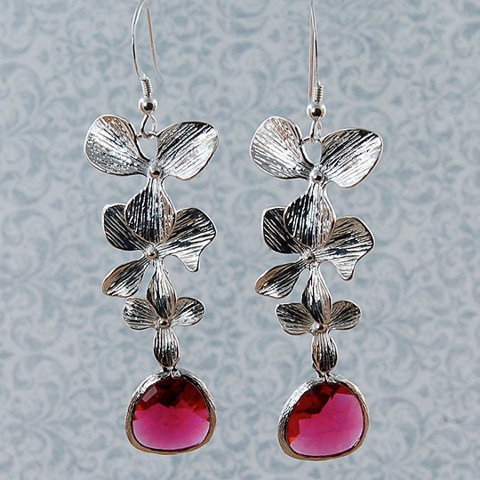 Fuschia Silver Orchid Earrings Wedding Jewelry Bridesmaid Gift
