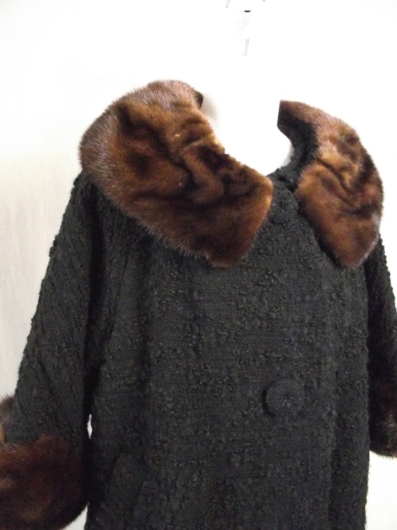 1960s Winter Swing Coat Black Boucle Wool with Fur Cuffs and Collar Medium Large