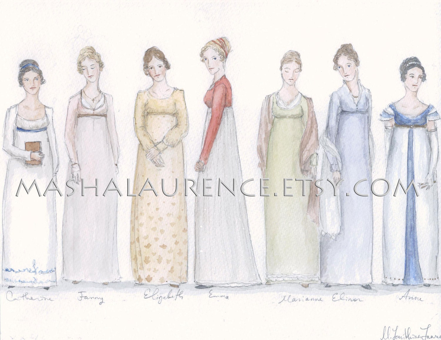 Jane Austen's Heroines 8x10 print. Pride and Prejudice. Persuasion. Northanger Abbey.  Emma.  Mansfield Park. S&S