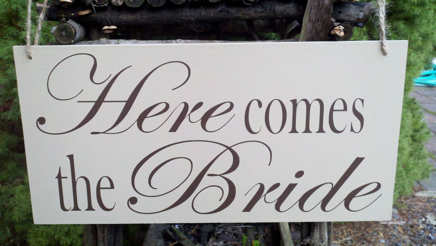 Rustic Here Comes The Bride/Happily Ever After Wedding Photo Prop Tan w/ Brown lettering Double Sided Wooden Board Great for Weddings