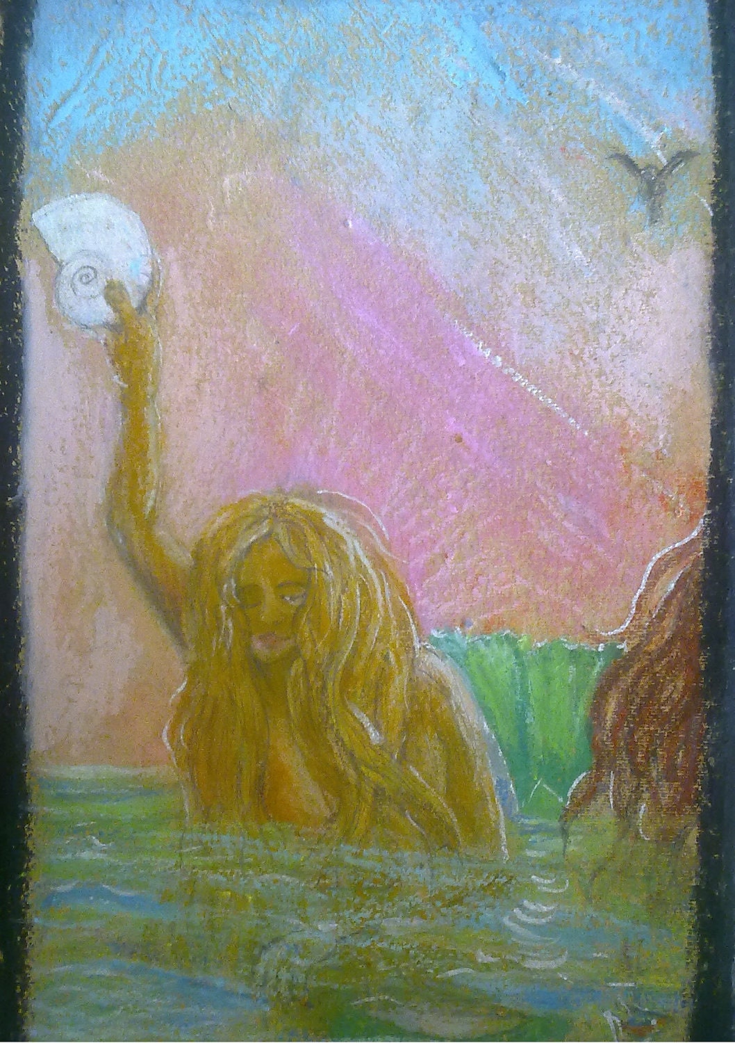 Ocean Quartet - oil pastel drawing on handmade paper