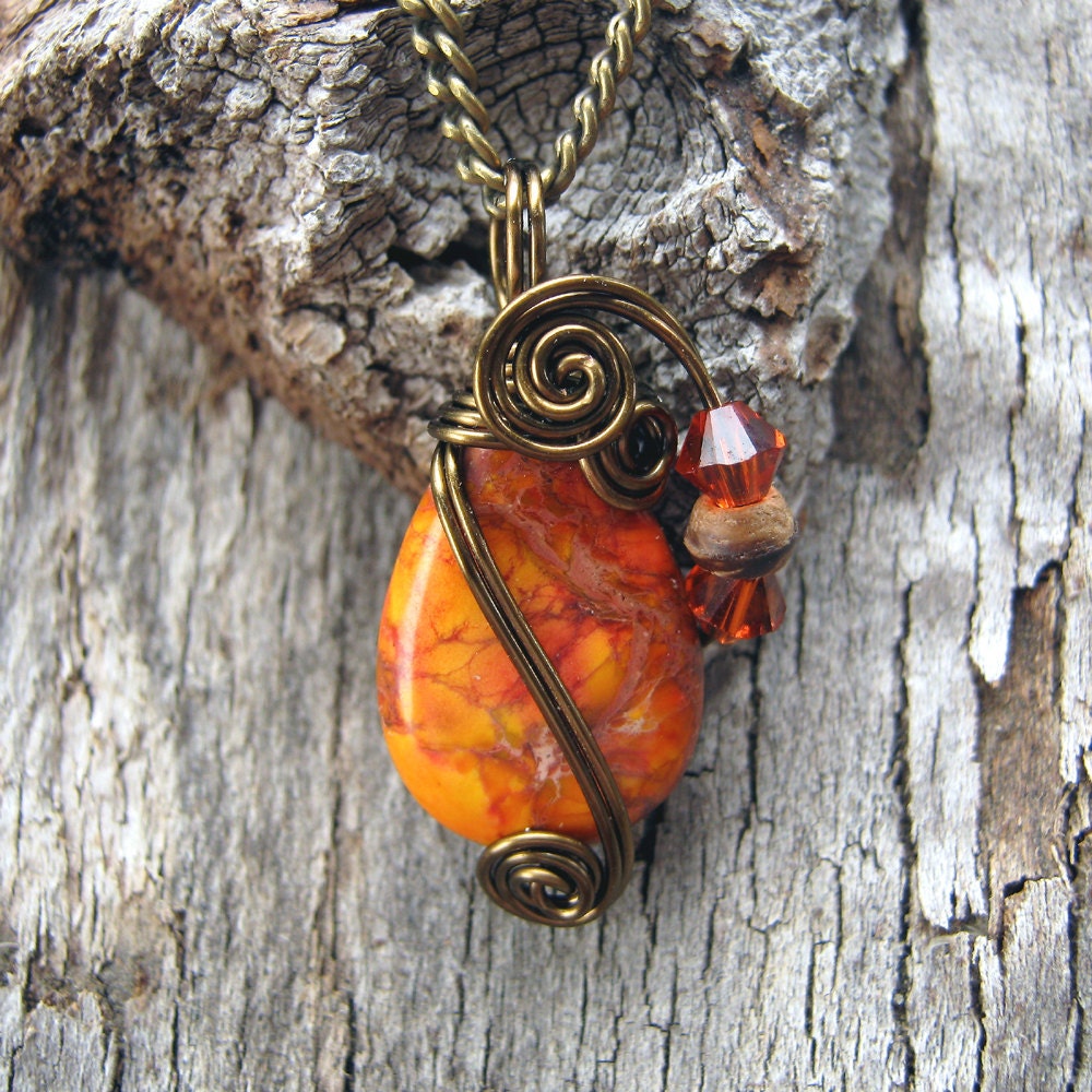 Orange Sea Sediment Jasper Wire Wrapped Pendant Necklace in Antique Bronze