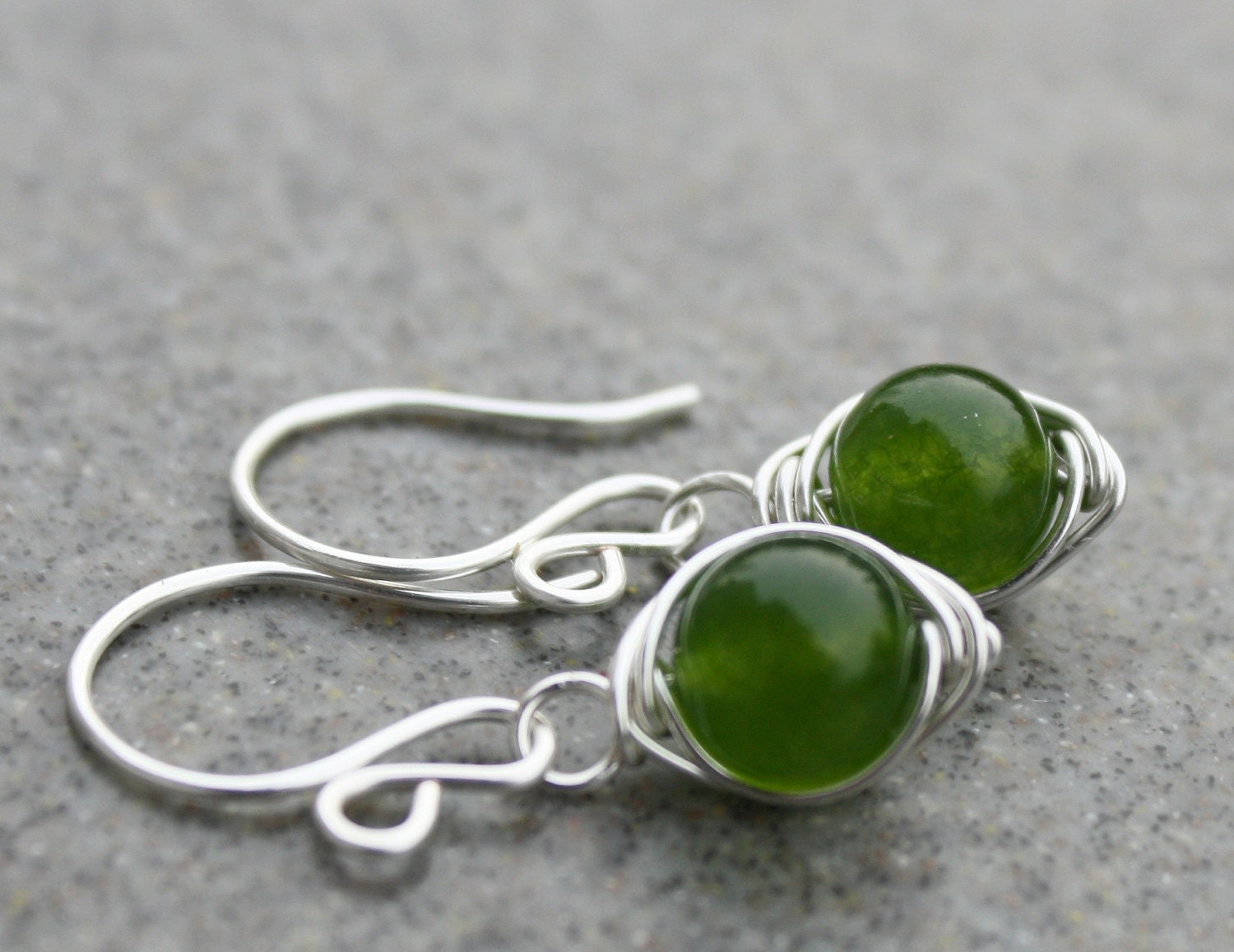 Pea- Green Jade Petite Earrings Silver Gemstones Handmade