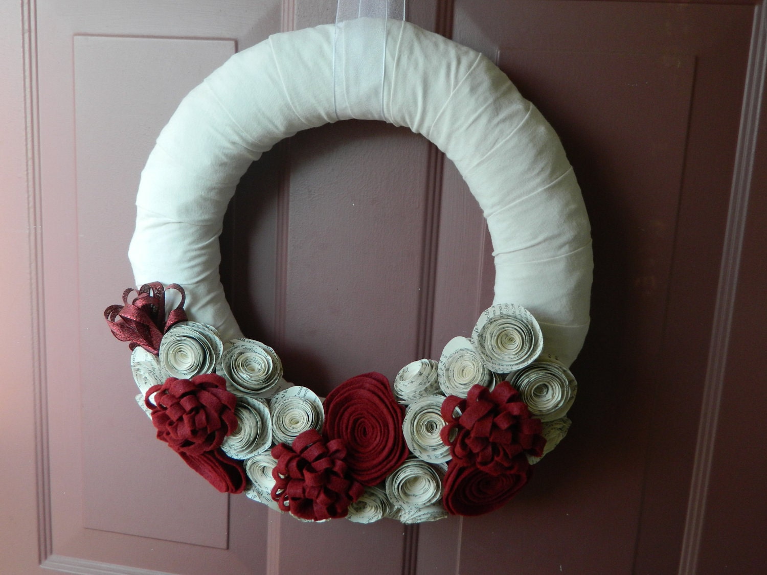 Cloth Wreath with Book Page and Felt Flowers