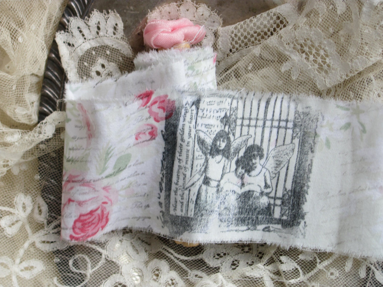 Fabric Trim Hand Stamped Vintage Style  With Clothespin  Shabby Chic Vintage  by My Broken Art on Etsy