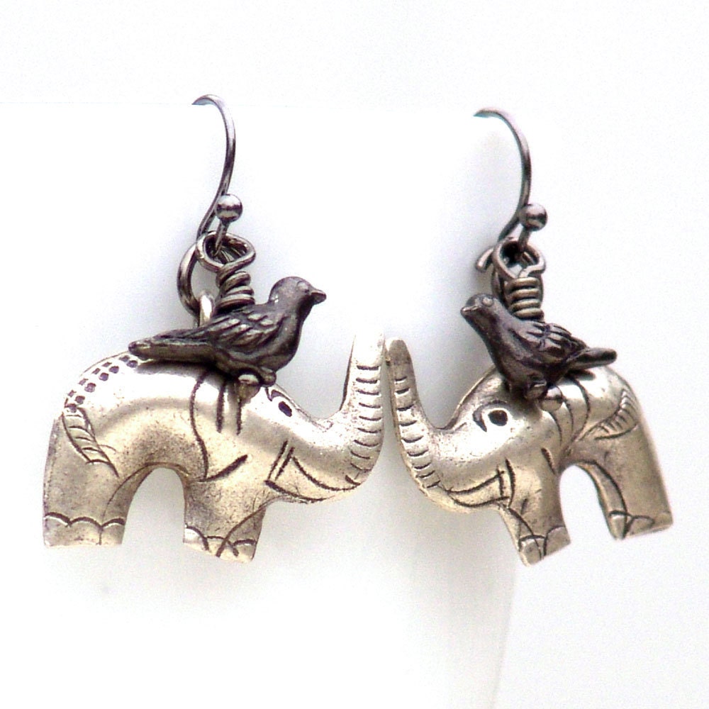 Elephant Bird Earrings Metal Silver Hill Tribe by galleryzooartdesigns on Etsy from etsy.com