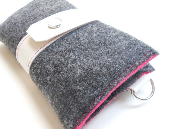Cell Phone wallet in dark gray and bright pink eco wool and vegan faux leather