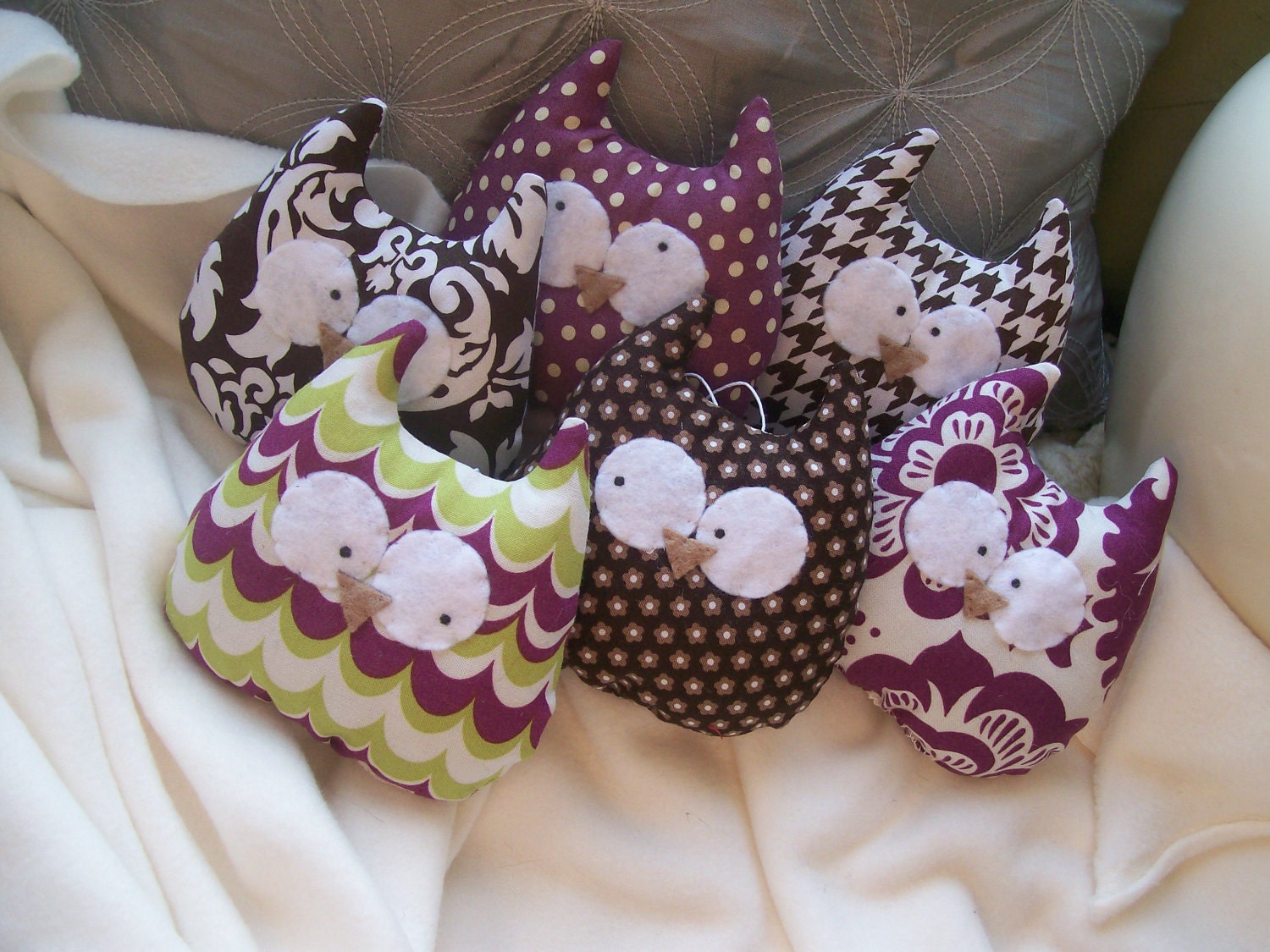 Set of 6 Owl Ornaments or Plushies - Chocolate and Purple