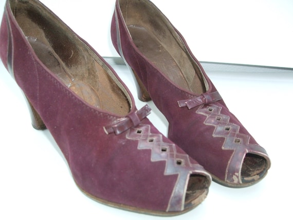 Shoes 1939 Vintage Wedding Shoes Worn 1939 Suede And Leather Deep Plum Burgundy Color