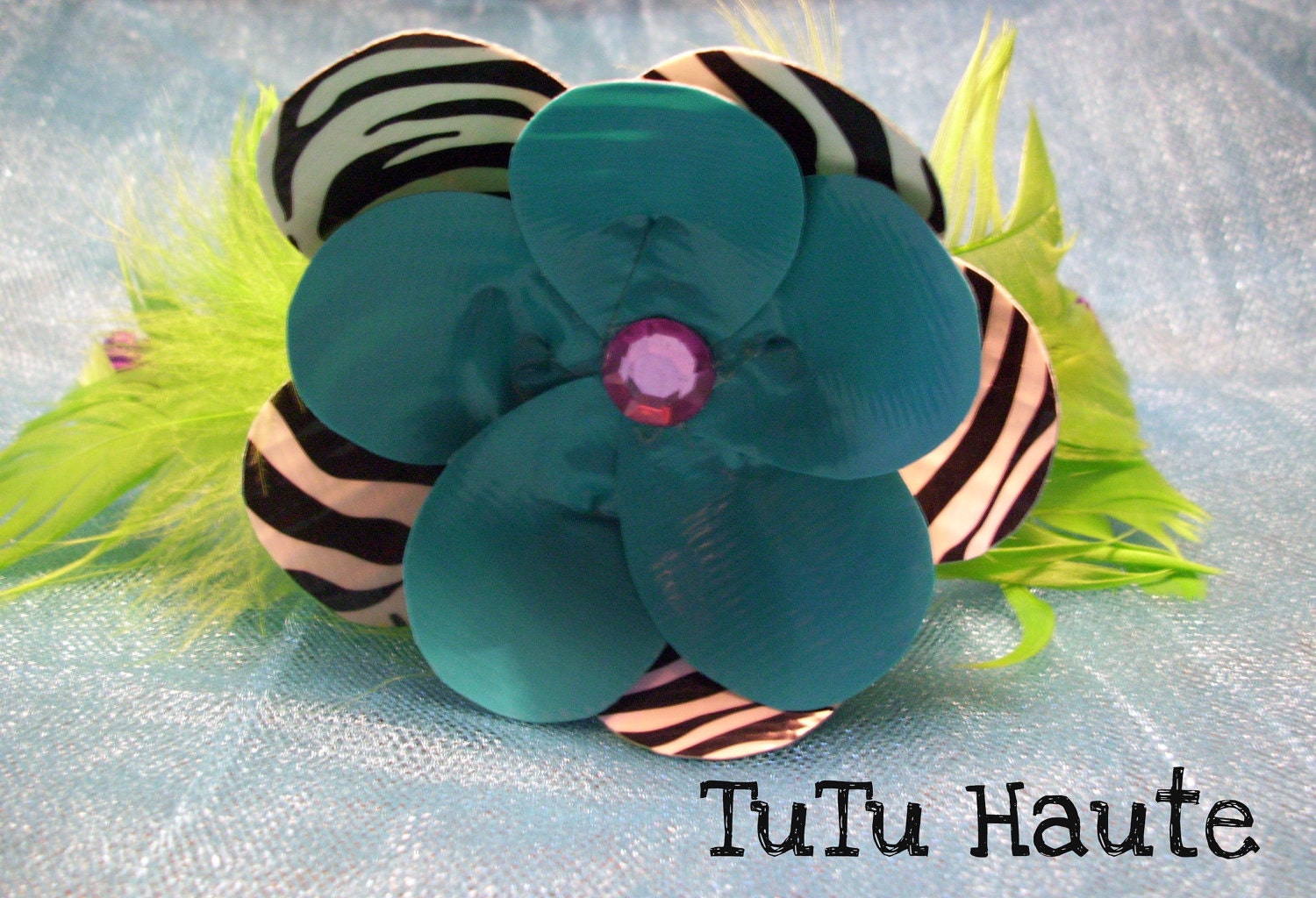 Teal and Zebra Duct Tape Flower and Feather Headband