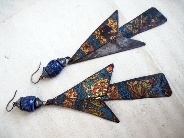 Shoulder Duster Dangles with Ceramic Art Beads. Recycled tin triangles.