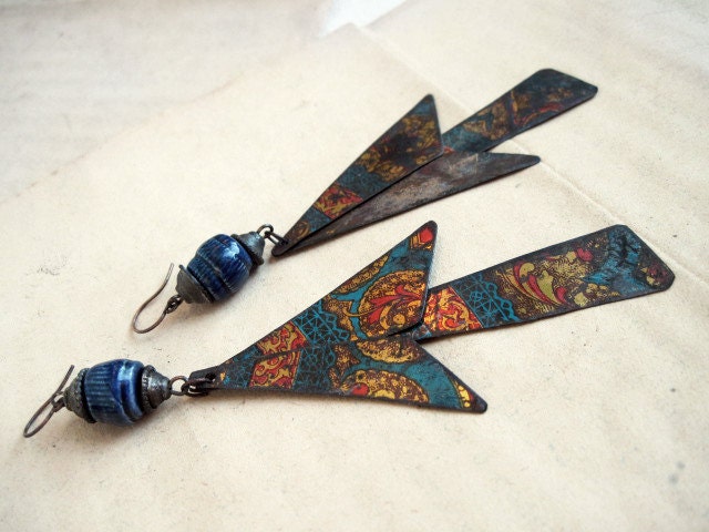The Dying Martyr. Shoulder Duster Dangles with Ceramic Art Beads. Recycled tin triangles.
