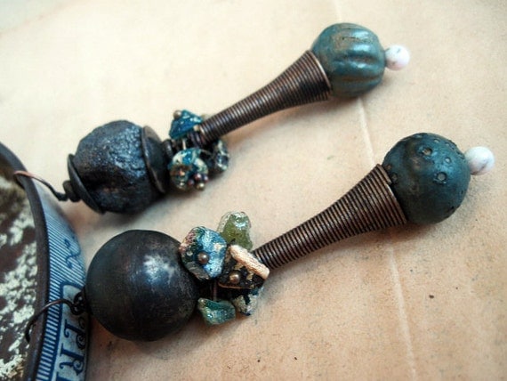 Tribal dangles with ceramic art beads and ancient roman glass. Dark turquoise gypsy assemblage.