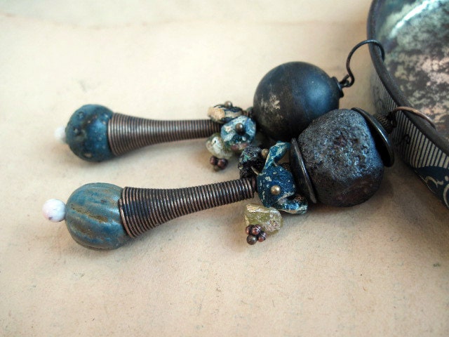 The Ultimate Why. Tribal dangles with ceramic art beads and ancient roman glass. Dark turquoise gypsy assemblage.