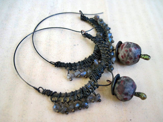 Tribal semi-circle hoops with labradorite gemstones and polymer art beads.