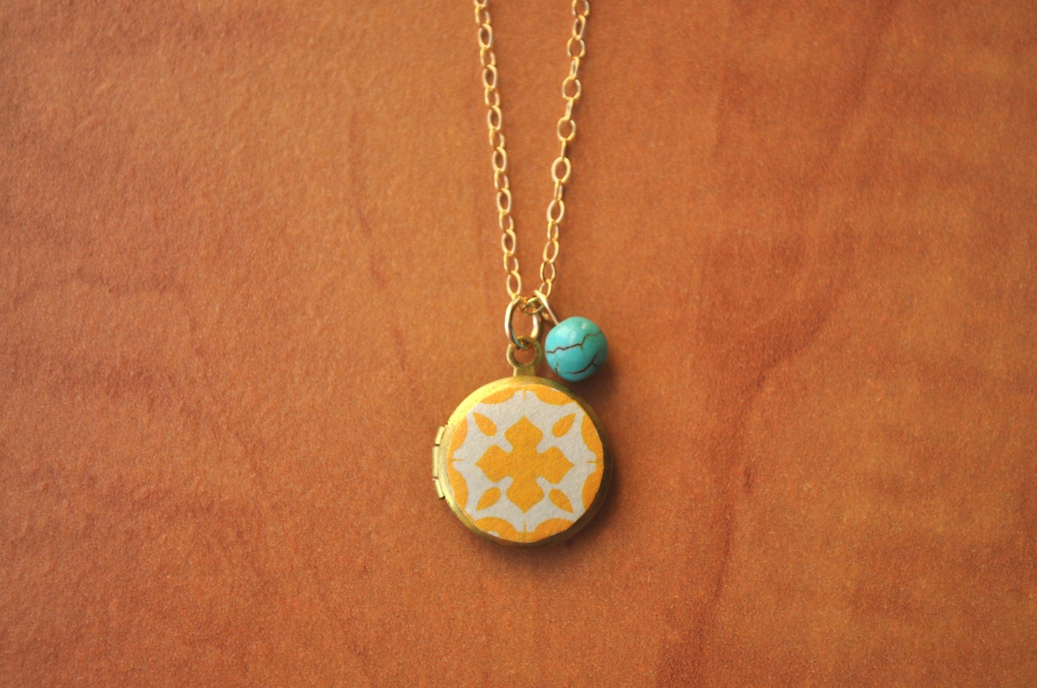 Sunshine Locket Necklace - round locket, yellow, turquoise, & gold - simple modern jewelry - adencreations