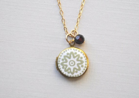 Daisy Locket Necklace - round locket sage green white garnet flower design gold filled - simple modern jewelry
