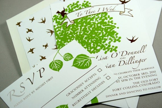 Modern Rustic Tree Wedding Invitation with Birds custom colors and words