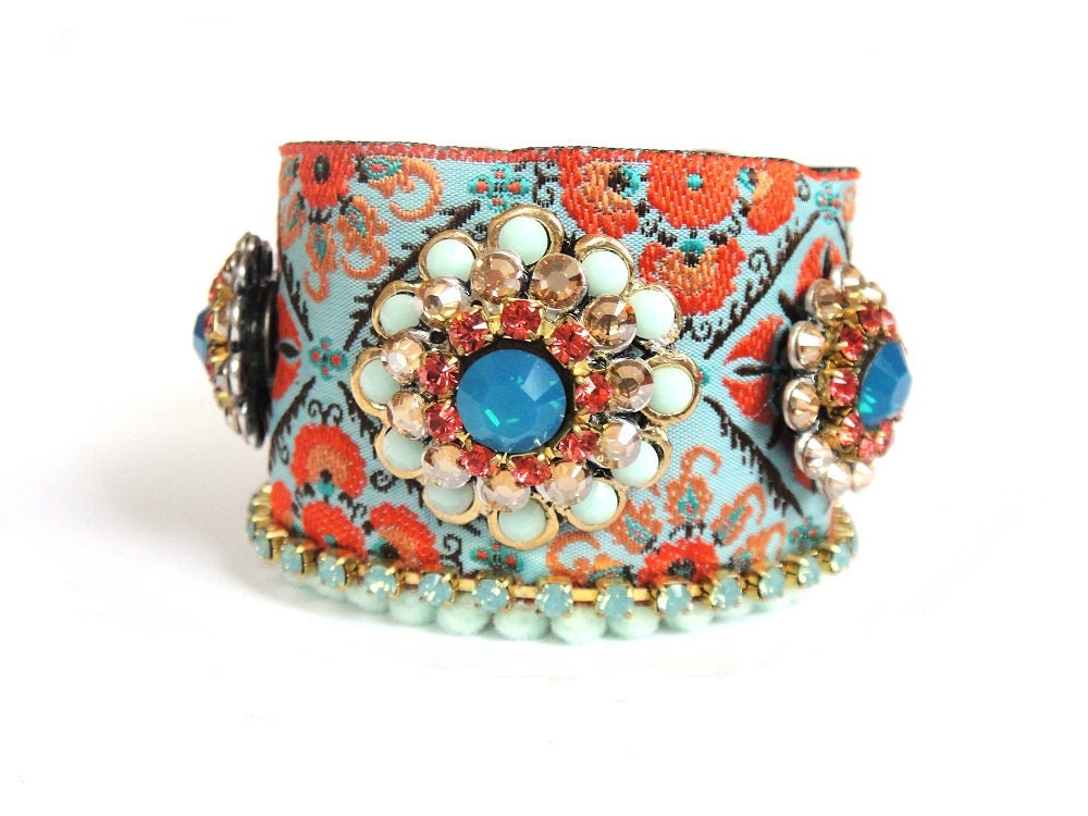 Bohemian hippie bracelet - turquoise and orange cuff - sparkling swarovski rhinestones and indian inspired trim