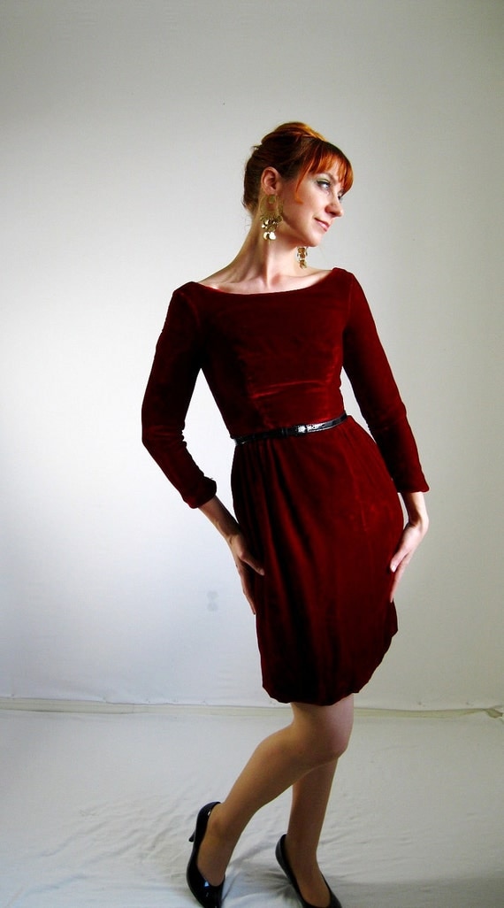 Sale-1960s Deep Red Velvet Dress Mad Men Office Holiday Cocktail Party Winter Fashion