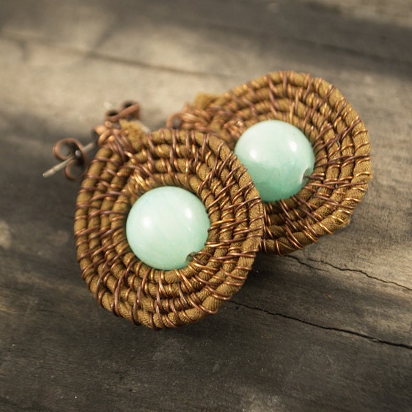 Brown fabric earrings - wire wrapped silk and green jade