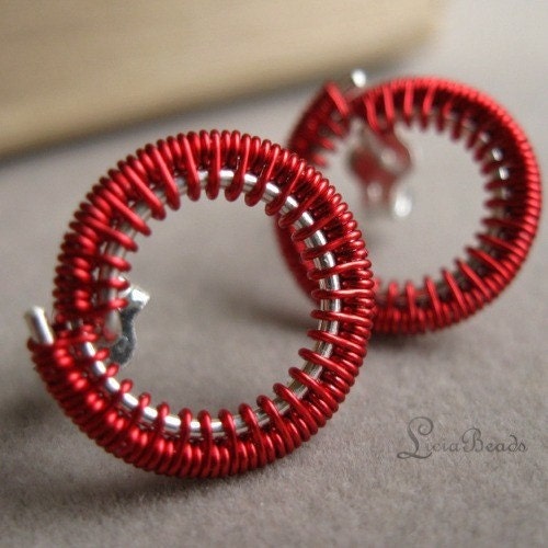 Red Circles - wirewrapped sterling silver circle earrings