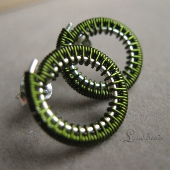 Forest Green Circles - wirewrapped sterling silver circle earrings
