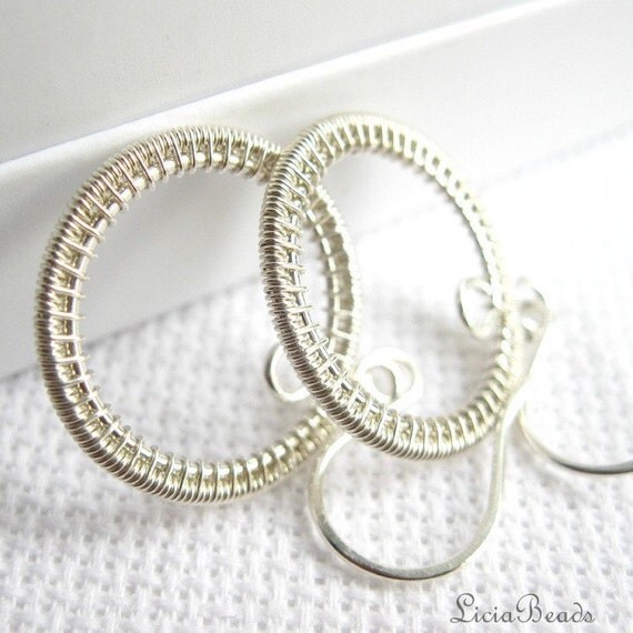 Circle in Time - wire wrapped sterling silver circle dangle earrings