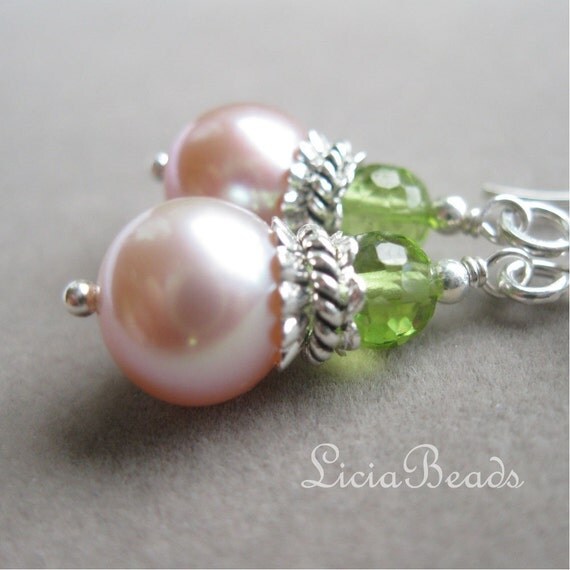 Duets - Peridot, freshwater pearl and sterling silver earrings