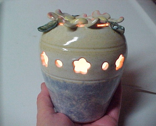 Small Lamp Flower Cutouts Nightlight Dogwood Pottery Handmade Blue White Pink Green