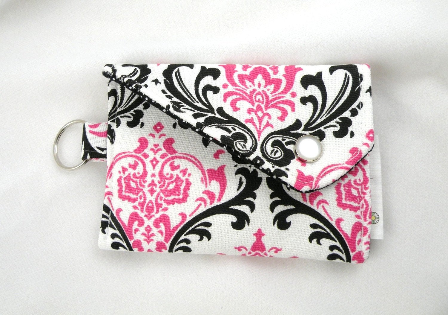 Card Holder-Coin Purse--Hot Pink-White-Black Madison with Snap Flap Closure and Key Ring