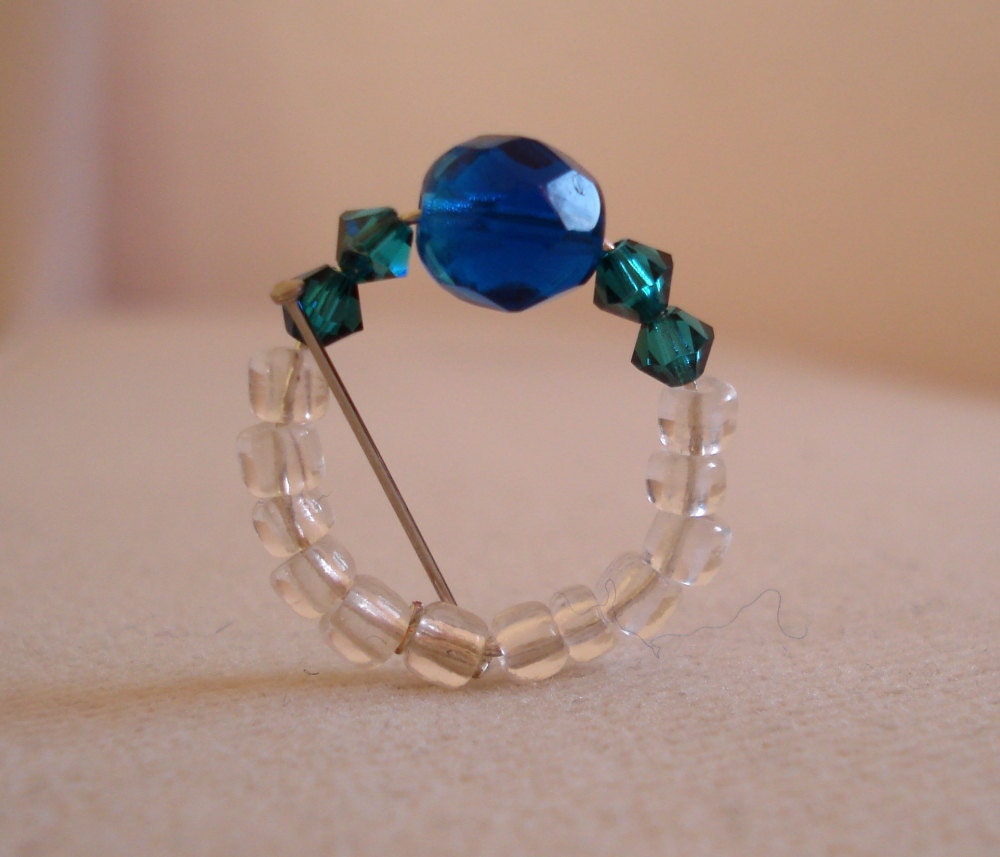 Ring blue crystal beaded upcycled solitaire jewelry free shipping
