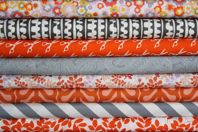 fat quarter bundle (tangerine and steel)--misc. designers--8 pieces--2 yards total