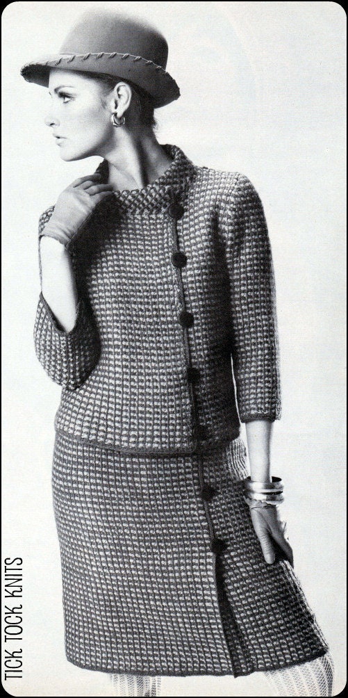 No.164 PDF Vintage Crochet Pattern Women's Afghan Stitch, Plaid Asymmetrical Jacket & Skirt - Sizes 10, 12, 14, 16, 18