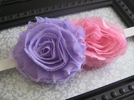 Spring is Here - A Pair of Shabby Chiffon Flowers on an Elastic Headband
