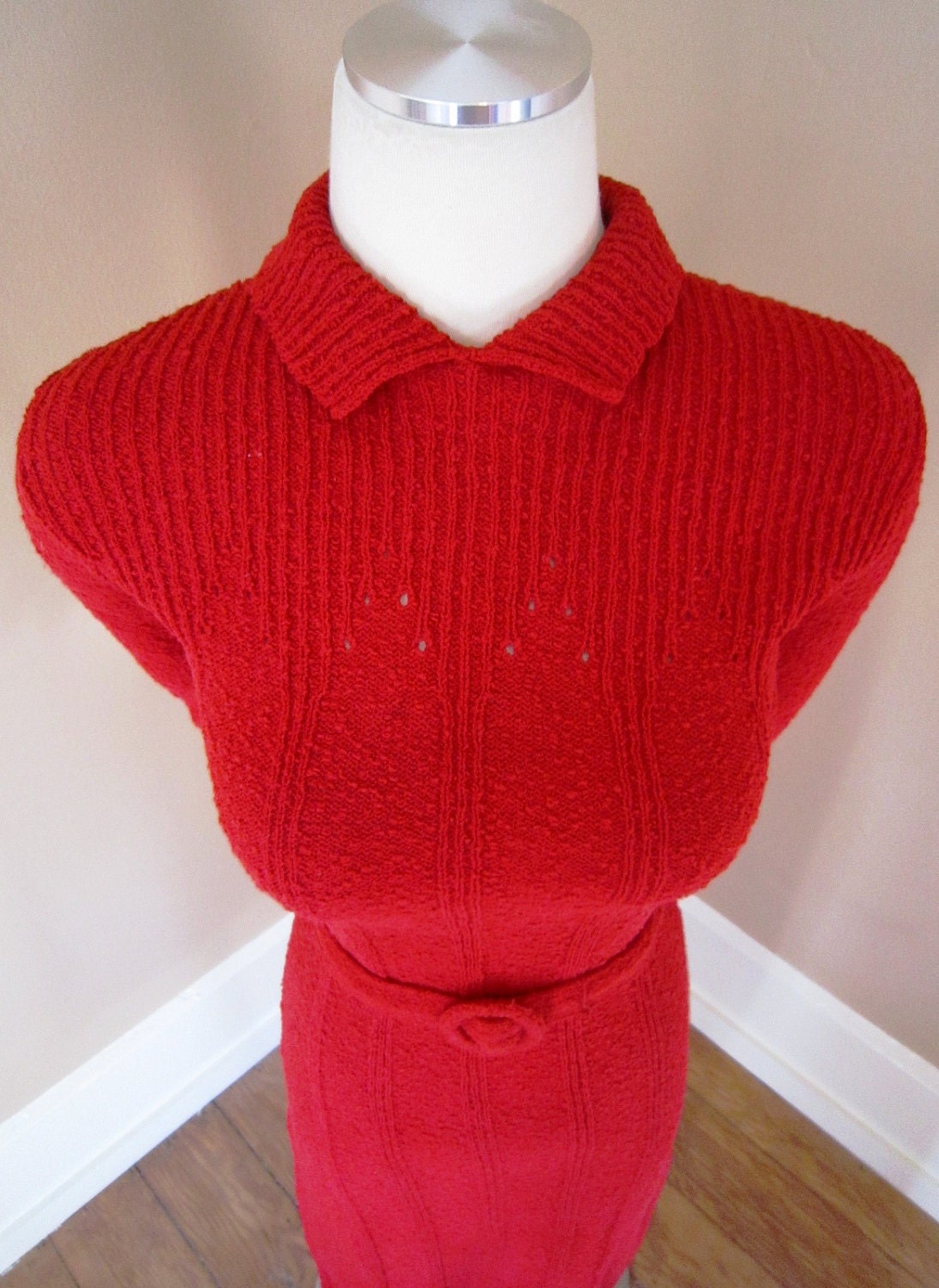 LIPSTICK Red 1940s Sweater Knit Dress Art Deco CLINGY Cocktail Party Frock Vintage VALENTINE 40s 1930s 50s