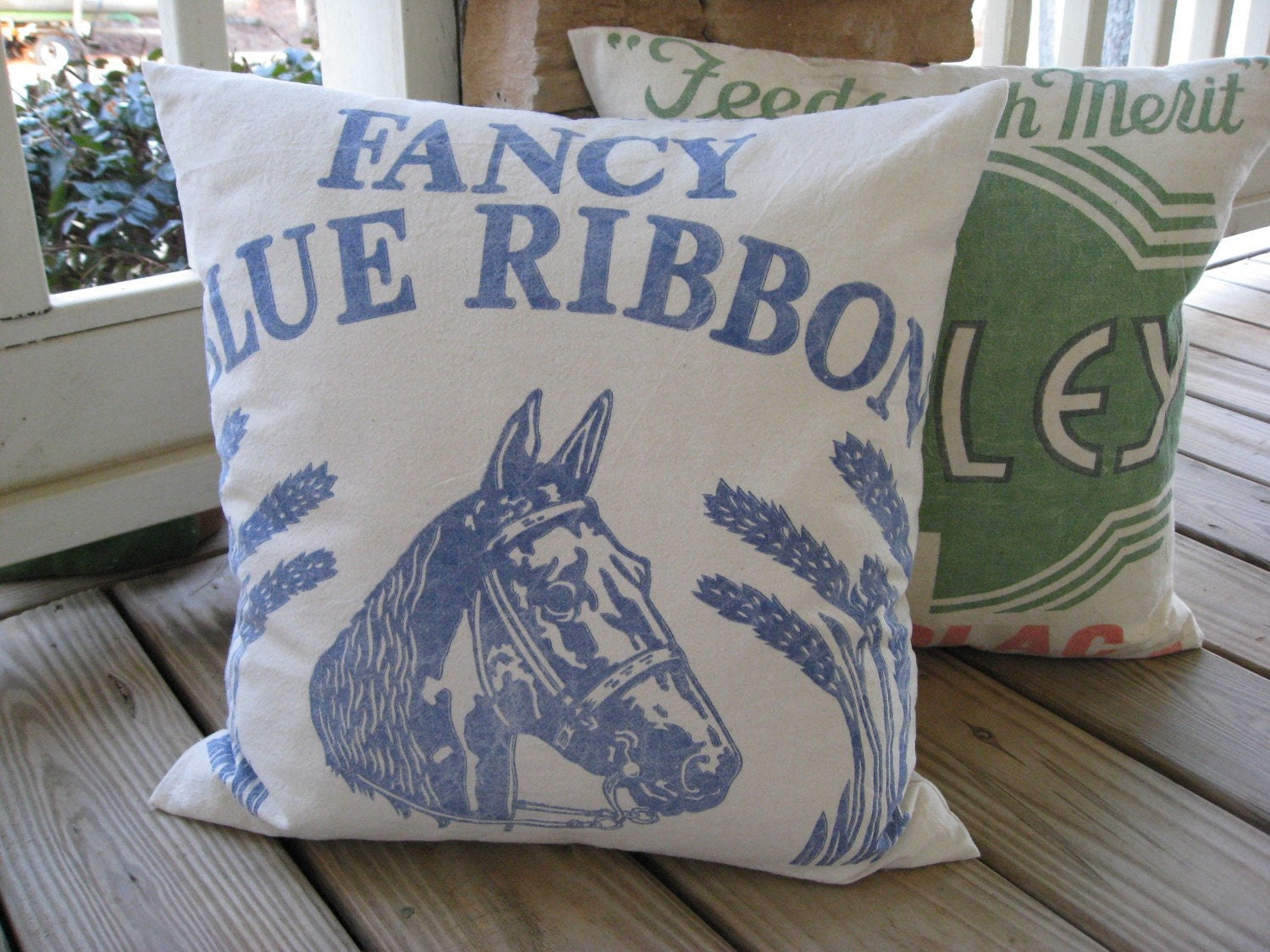Horse Pillow  - Fancy Blue Ribbon - Blue on Cream
