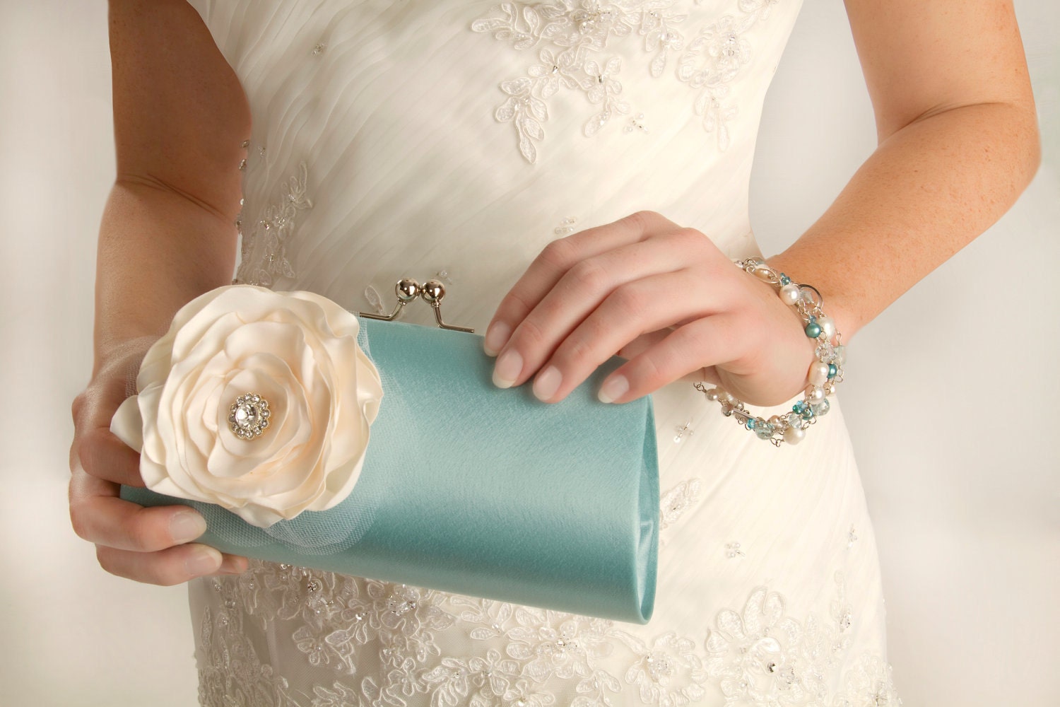 Small Tiffany Blue Satin Clutch Purse with Ivory Flower and Rhinestones Perfect for Wedding