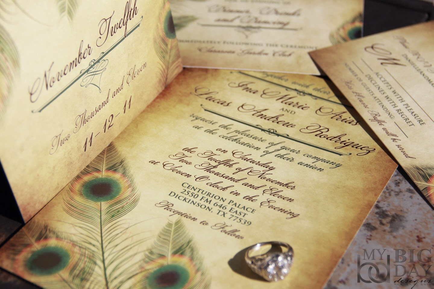 Vintage Peacock themed Wedding Invitation Suite 275 mybigdaydesigns