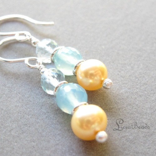 Beachfront summer - Blue Topaz, Chalcedony and freshwater pearl earrings