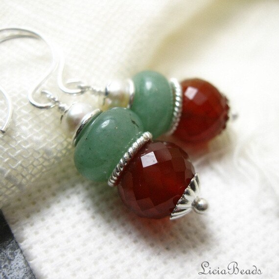 Carnelian, Aventurine and freshwater pearls on sterling earrings