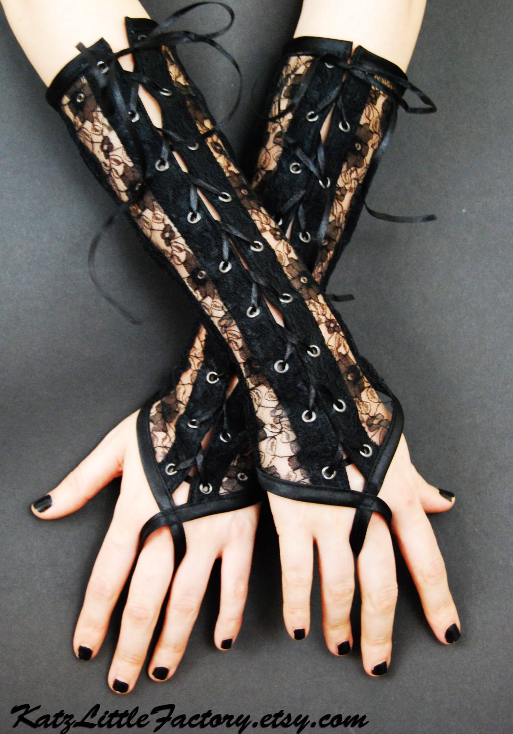 Black see through lace gothic fingerless gloves corset  front arm warmers