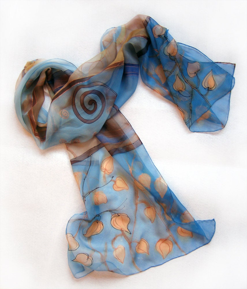 Hand painted silk chiffon scarf Chinese Lantern in blue sands colors scheme