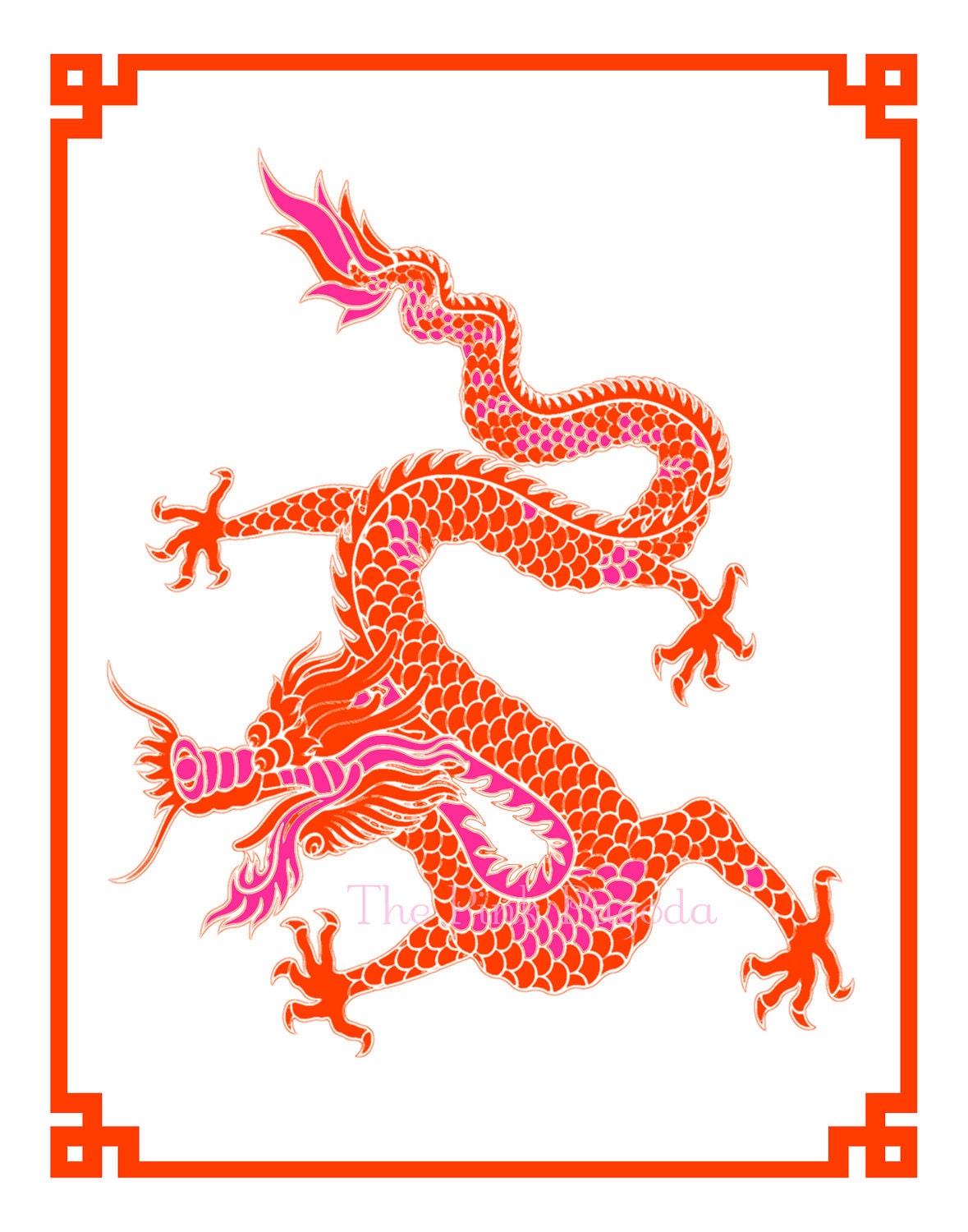 Tangerine and Hot Pink Chinese New Year Dragon Giclee 8x10