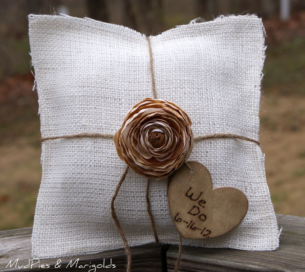 Ivory Burlap Pillow, YOU pick the Flower color, PERSONALIZED Rustic Heart Charm