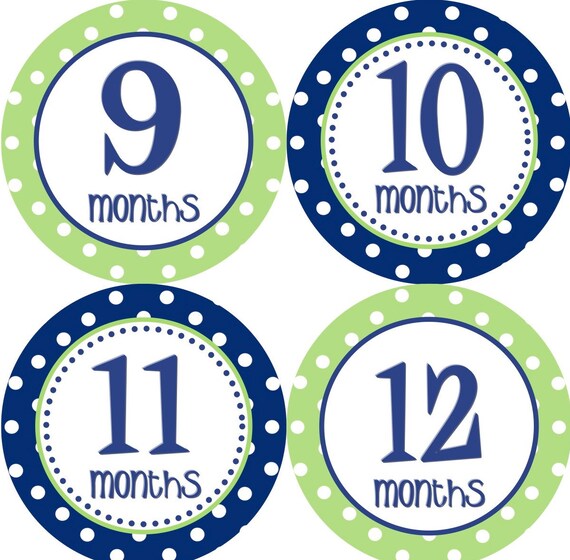 Baby Month Stickers - Boy Monthly Onesie Stickers Navy Blue Green Polkadot First Year Month Stickers Baby Shower Gift and Photo Prop - Trip2