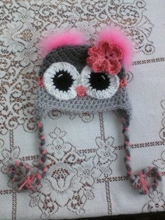 Grey & Pink Owl Hat with Feather Poofs